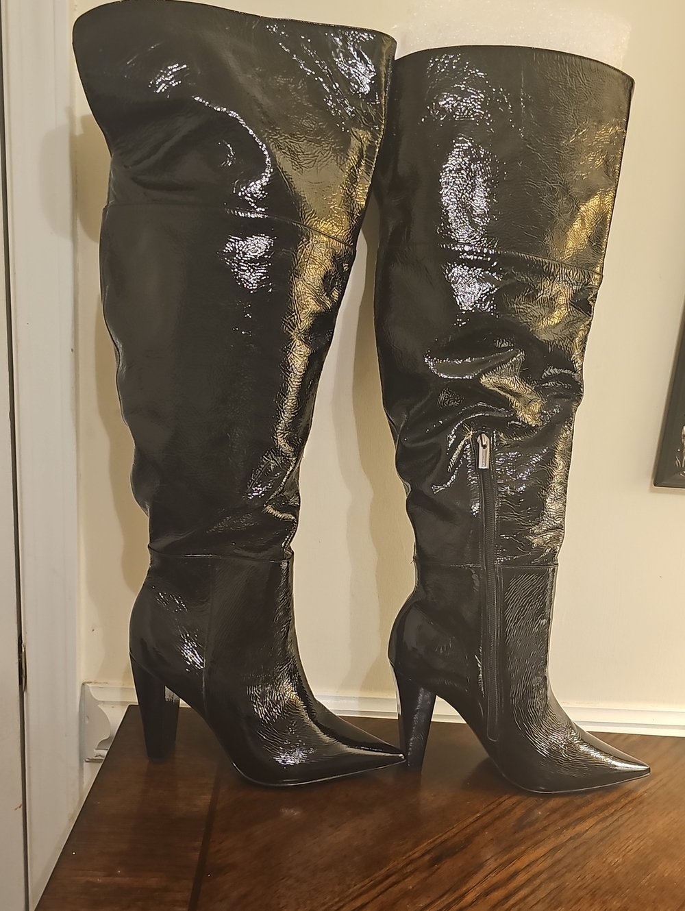 Vince Camuto Black Patent Over-the-Knee Pointed Toe Heeled Boots with Side Zip - Picture 1 of 8
